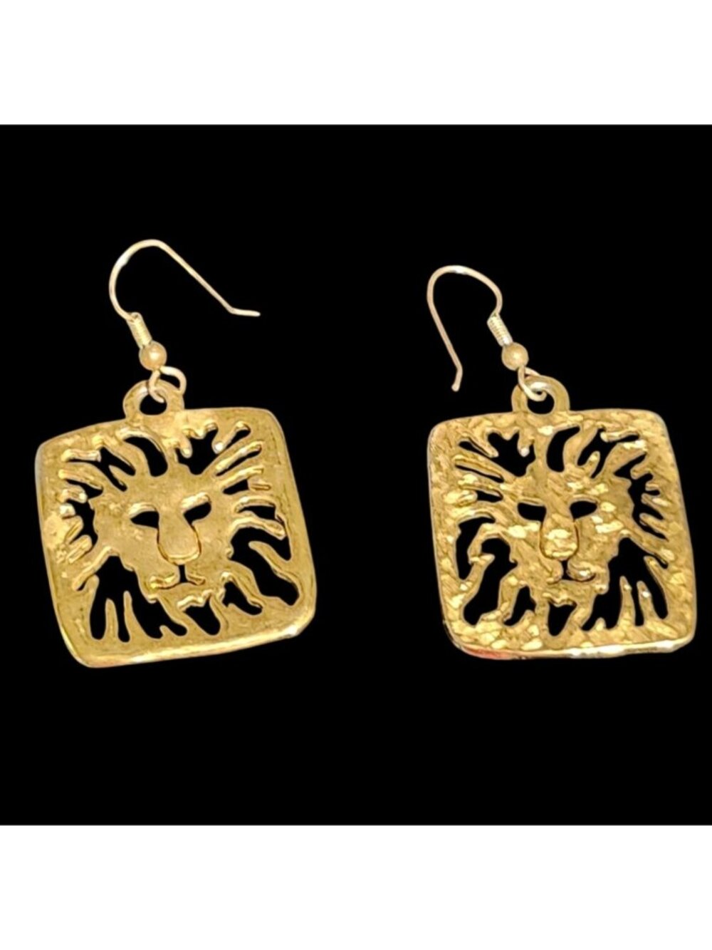 Vintage 1980s Lions Head Gold Tone Square Pierced Earrings Textured Patina